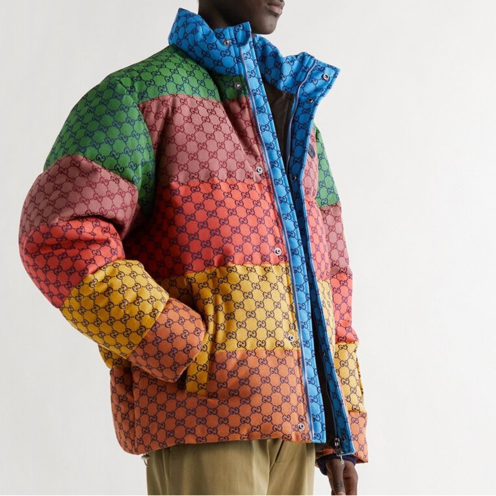 Gucci Striped Logo Jacquard Canvas Down Puffer Jacket